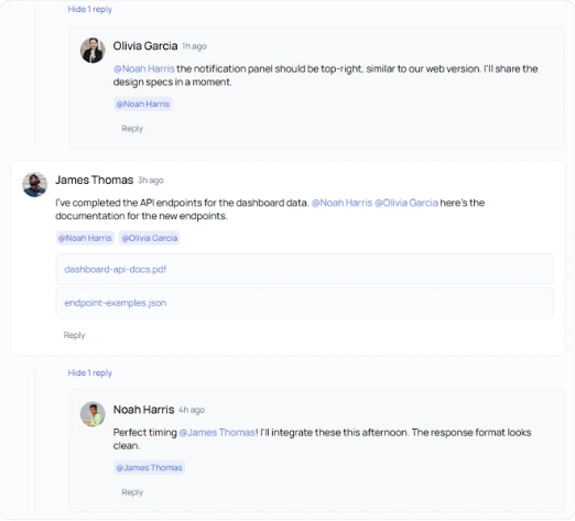 Task thread interface showing team comments, file attachments, and collaborative discussions