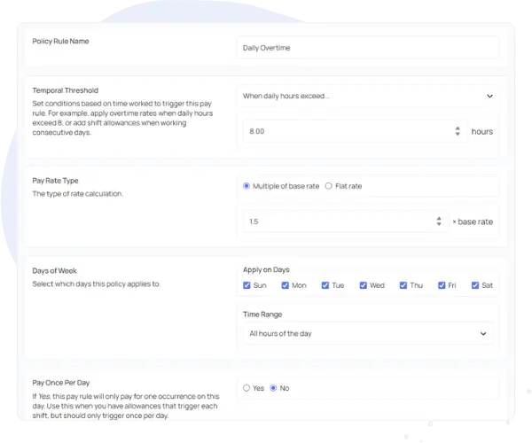 Pay policy configuration showing overtime rules, rate calculations, and scheduling parameters